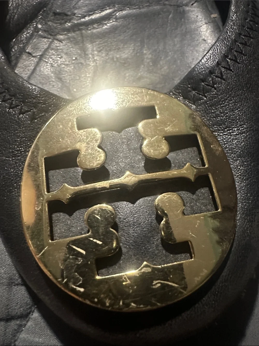 Tory Burch Black Leather Ballet Flats with Gold Logo Medallion